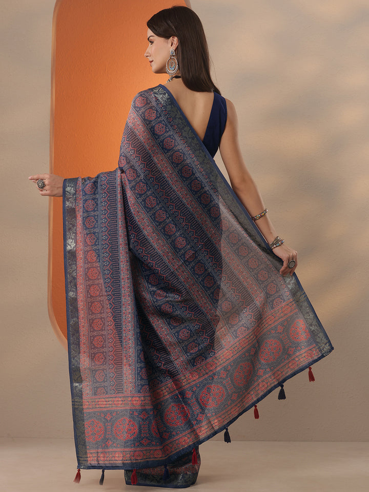 Blue Printed Chinon Saree With Unstitched Blouse Piece