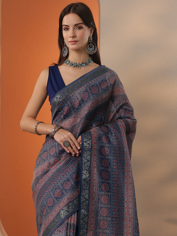 Blue Printed Chinon Saree With Unstitched Blouse Piece