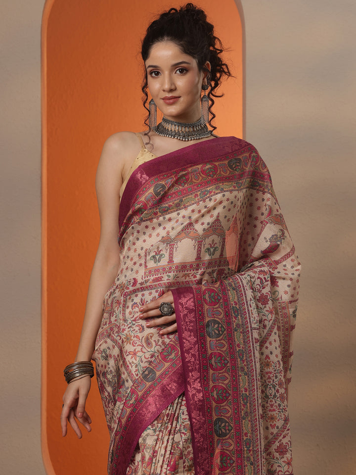 Cream Printed Chinon Saree With Unstitched Blouse Piece