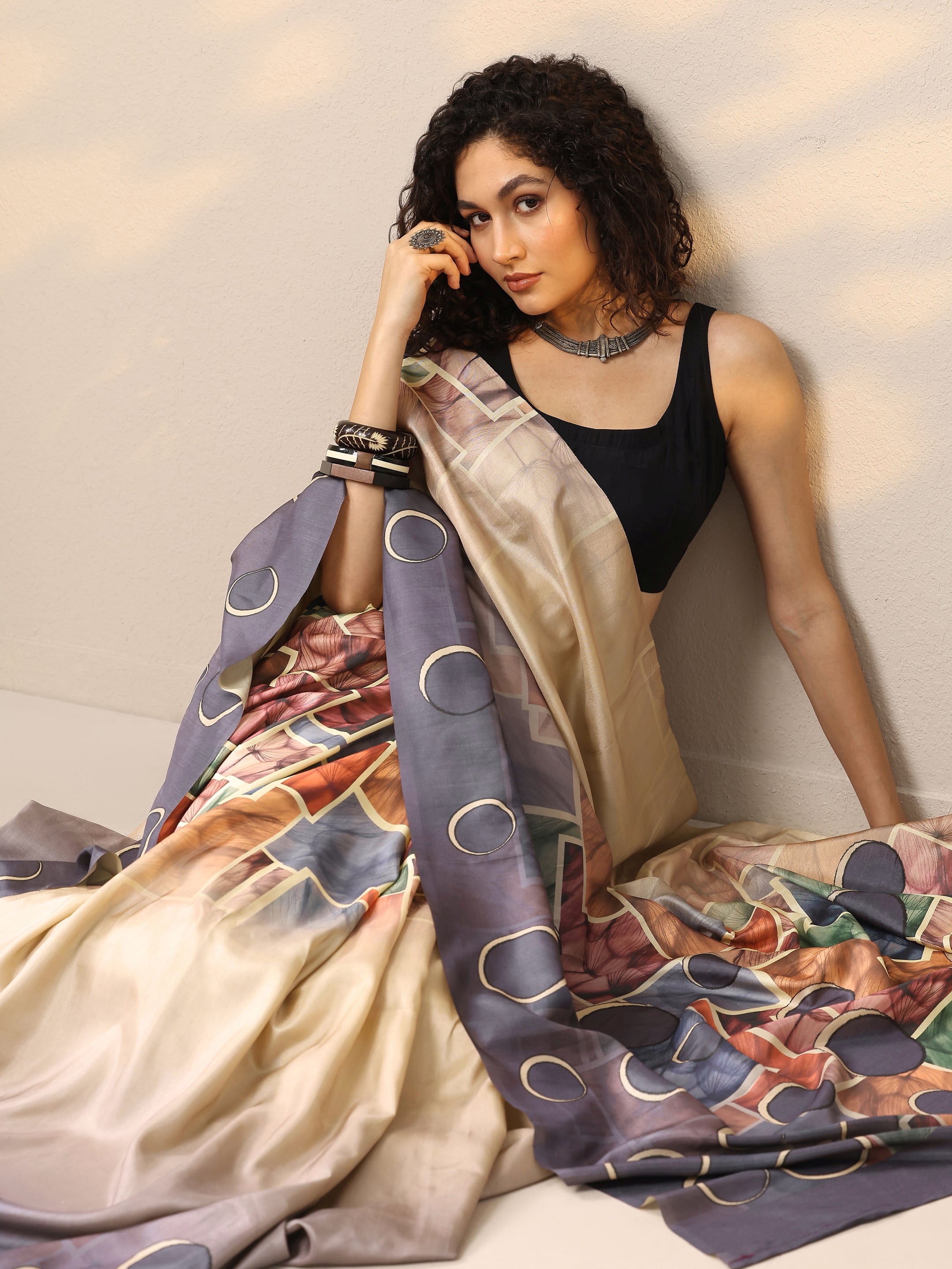 Blue Printed Silk Blend Saree With Unstitched Blouse Piece main image 1