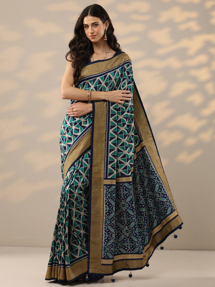 Blue Printed Silk Blend Saree With Unstitched Blouse Piece