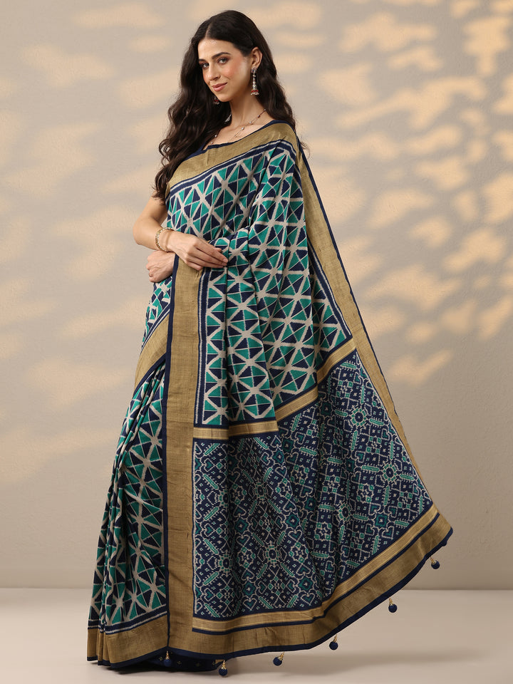 Blue Printed Silk Blend Saree With Unstitched Blouse Piece