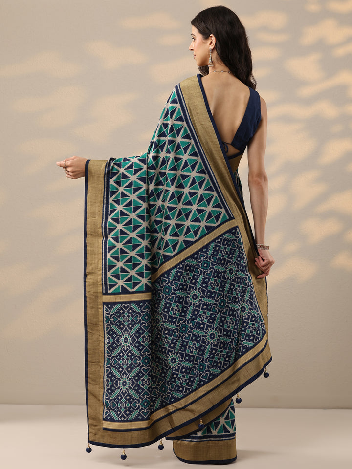 Blue Printed Silk Blend Saree With Unstitched Blouse Piece