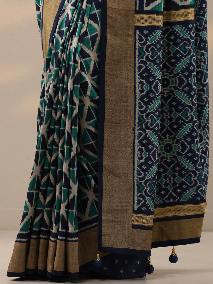 Blue Printed Silk Blend Saree With Unstitched Blouse Piece