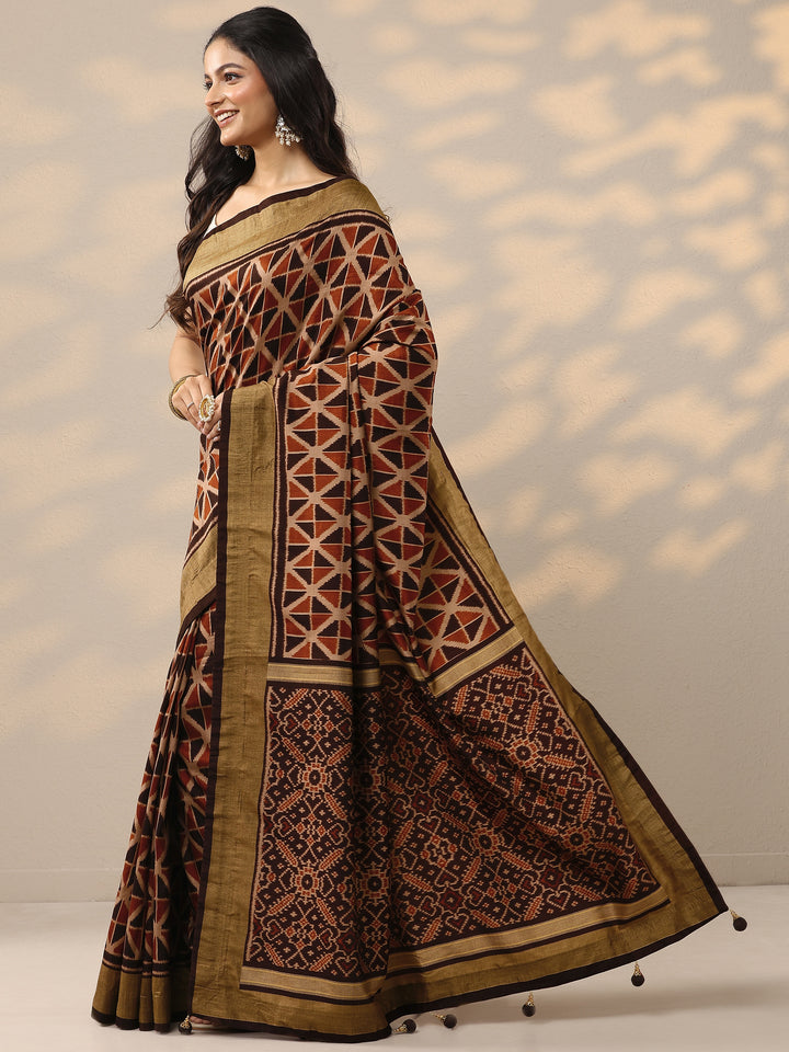 Red Printed Silk Blend Saree With Unstitched Blouse Piece