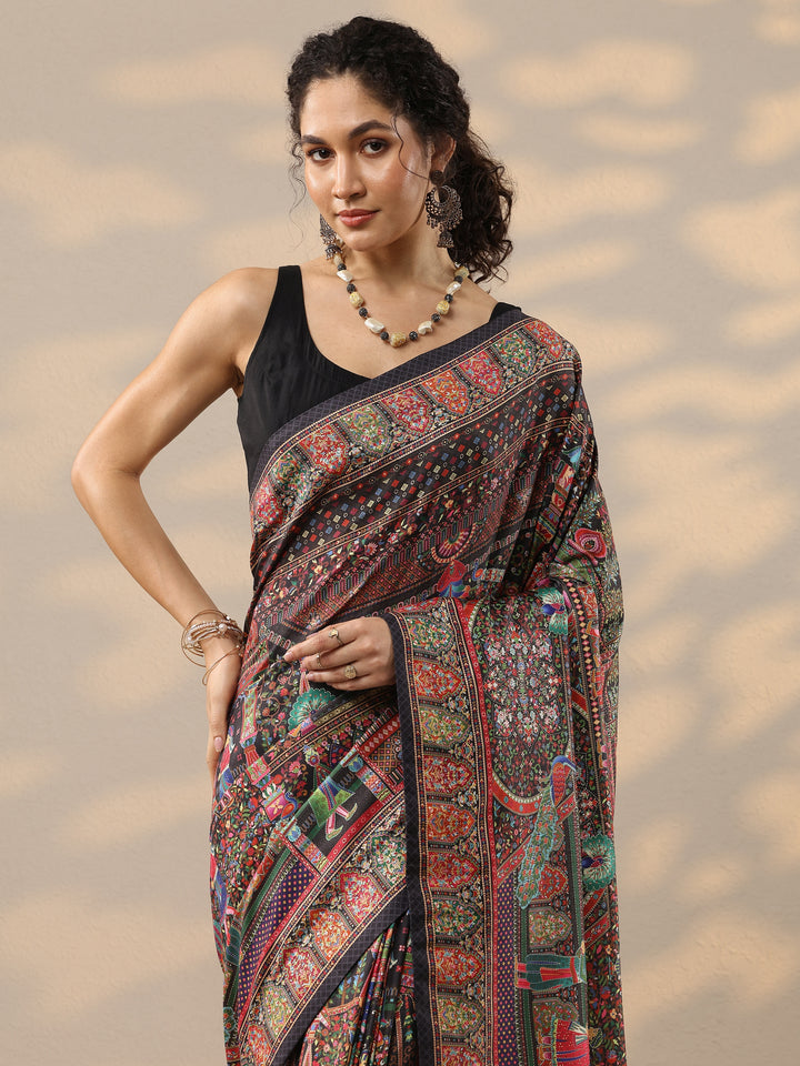 Black Printed Silk Blend Saree With Unstitched Blouse Piece