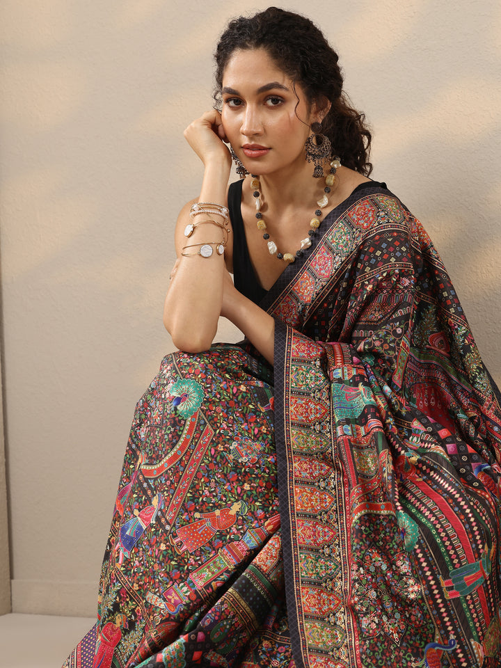 Black Printed Silk Blend Saree With Unstitched Blouse Piece