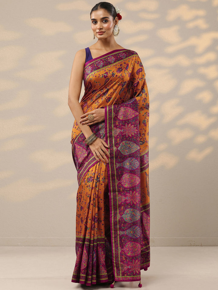 Mustard Printed Silk Blend Saree With Unstitched Blouse Piece
