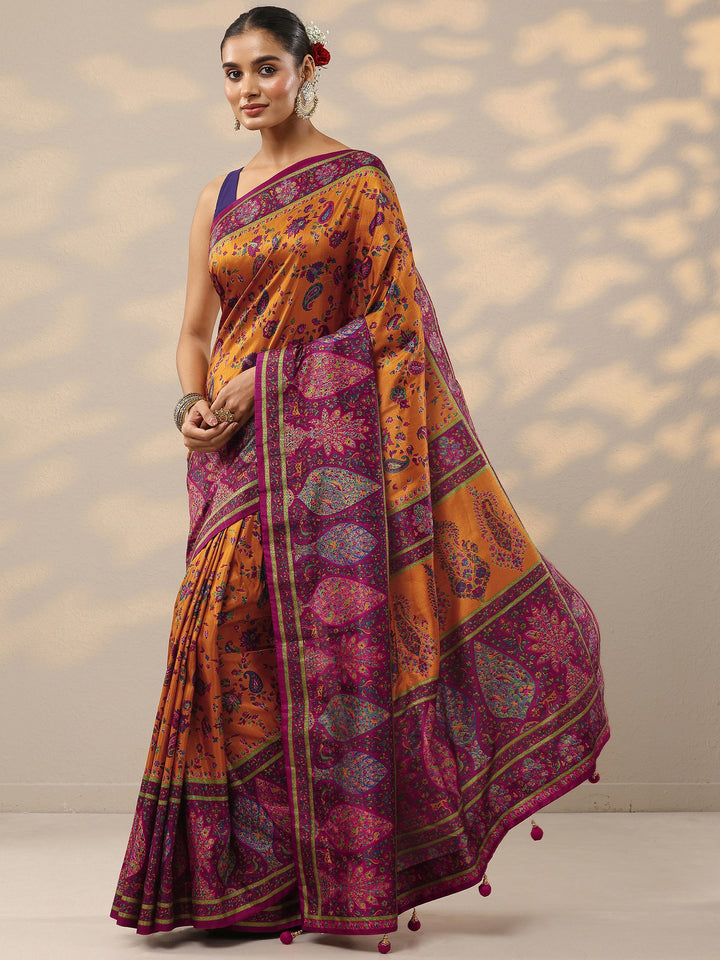 Mustard Printed Silk Blend Saree With Unstitched Blouse Piece