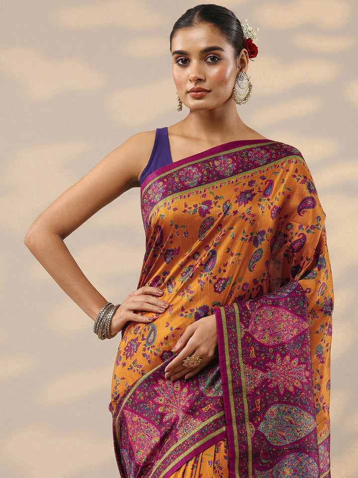 Mustard Printed Silk Blend Saree With Unstitched Blouse Piece