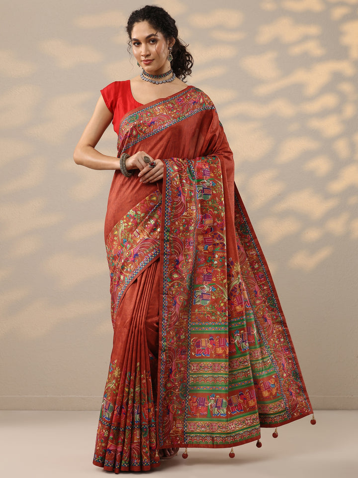 Red Solid Silk Blend Saree With Unstitched Blouse Piece