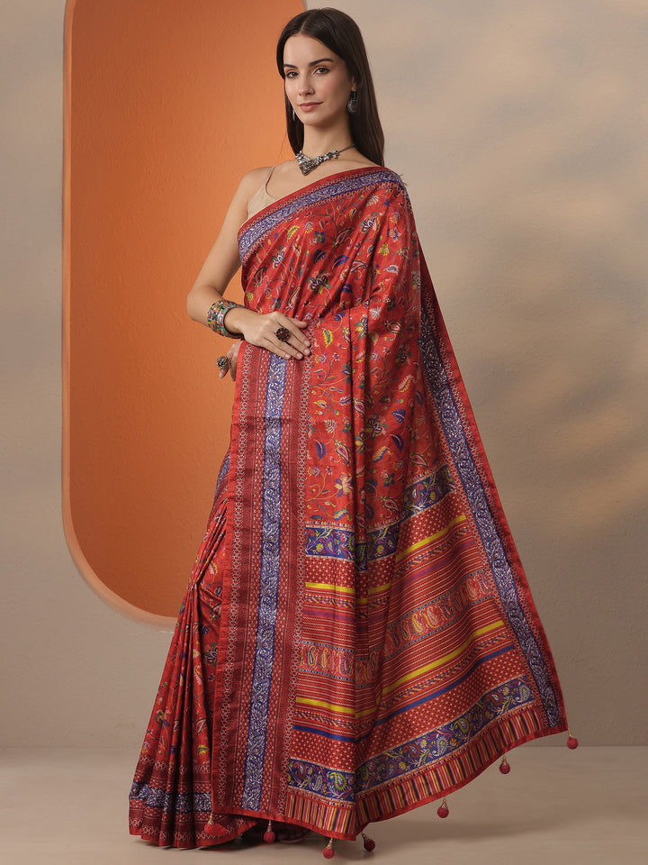 Red Printed Silk Blend Saree With Unstitched Blouse Piece