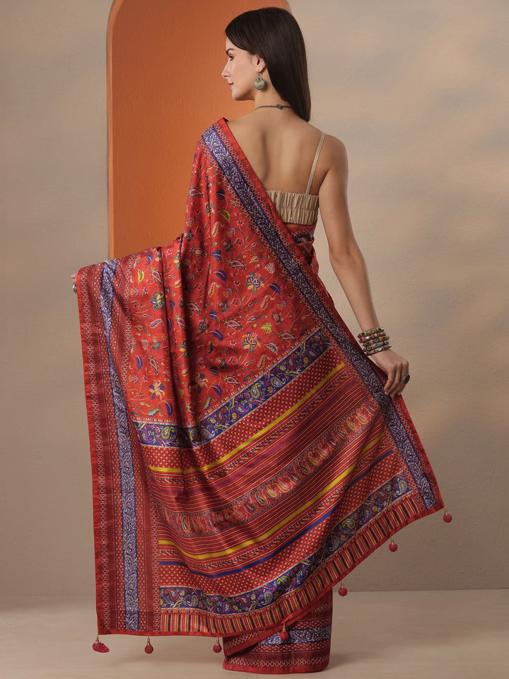 Red Printed Silk Blend Saree With Unstitched Blouse Piece