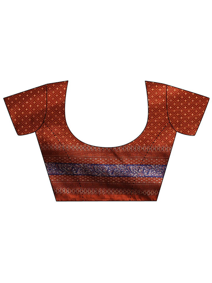 Red Printed Silk Blend Saree With Unstitched Blouse Piece