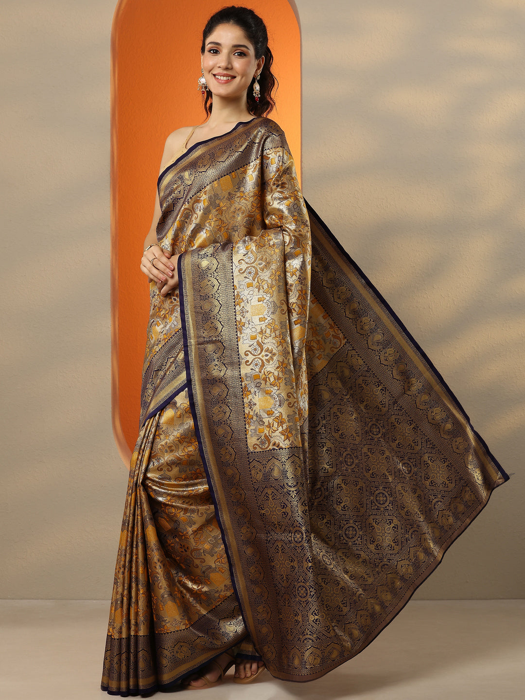 Mustard Woven Design Silk Blend Saree With Unstitched Blouse Piece