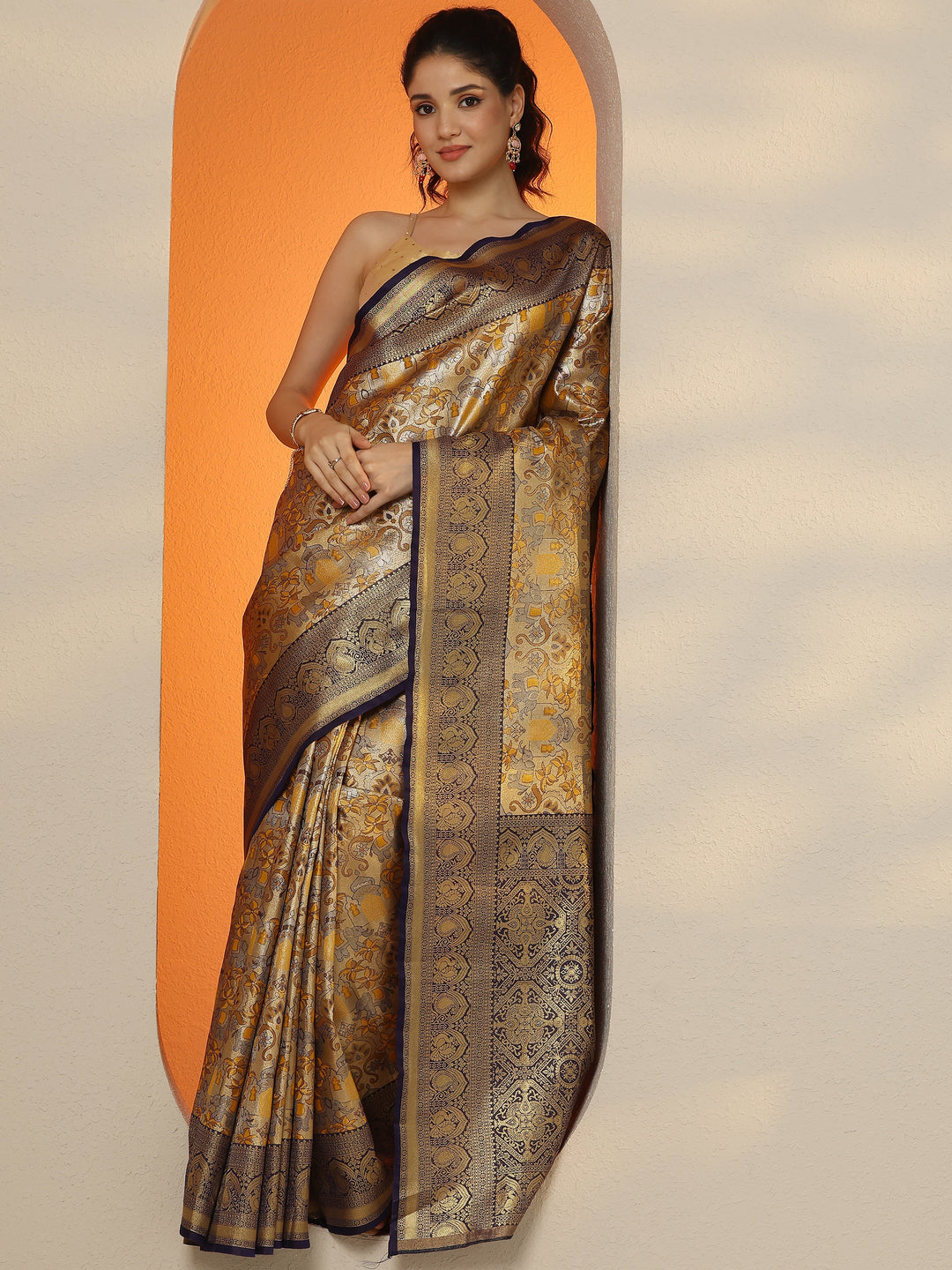 Mustard Woven Design Silk Blend Saree With Unstitched Blouse Piece