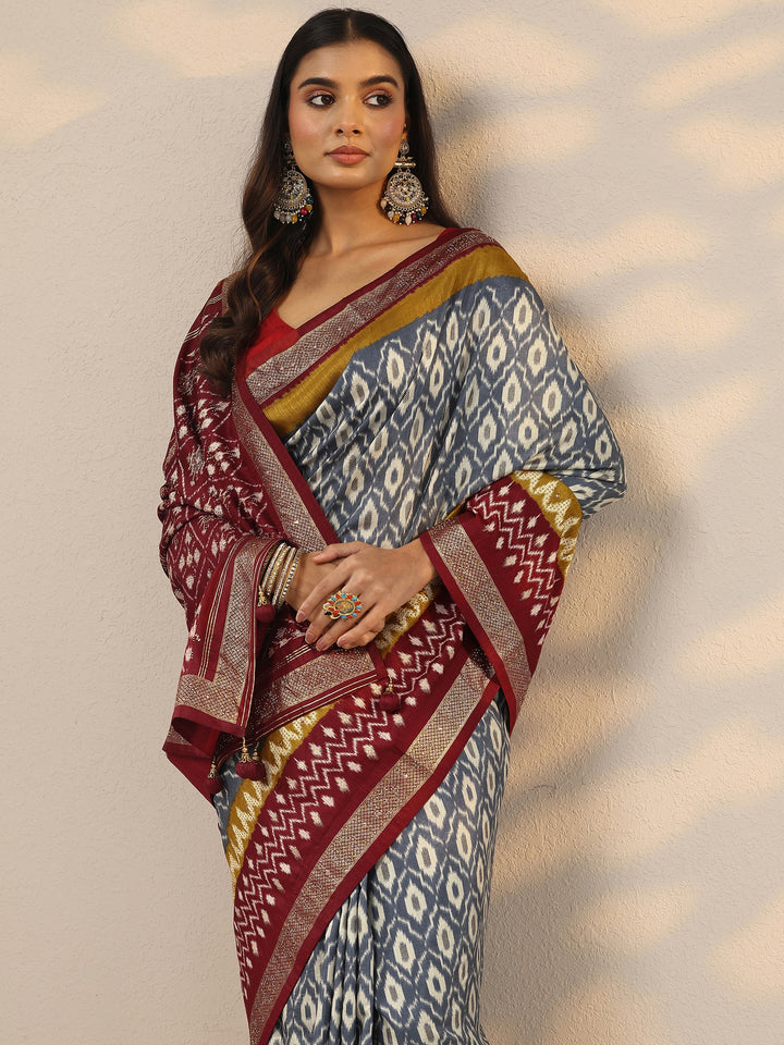 Grey Printed Silk Blend Saree With Unstitched Blouse Piece