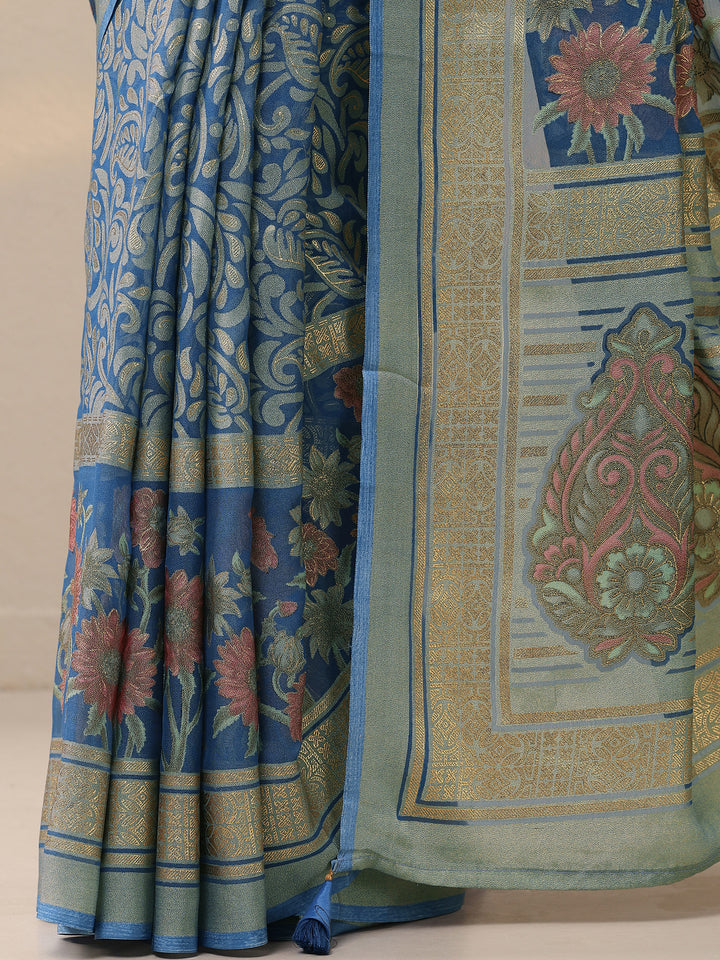 Blue Printed Silk Blend Saree With Unstitched Blouse Piece