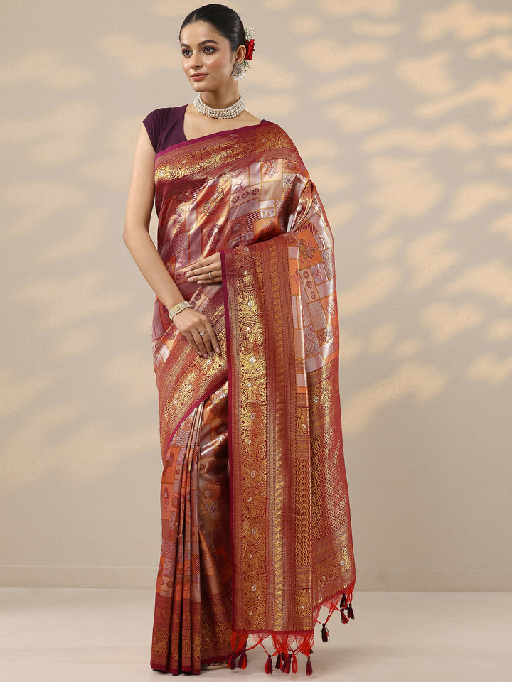 Orange Woven Design Silk Blend Saree With Unstitched Blouse Piece