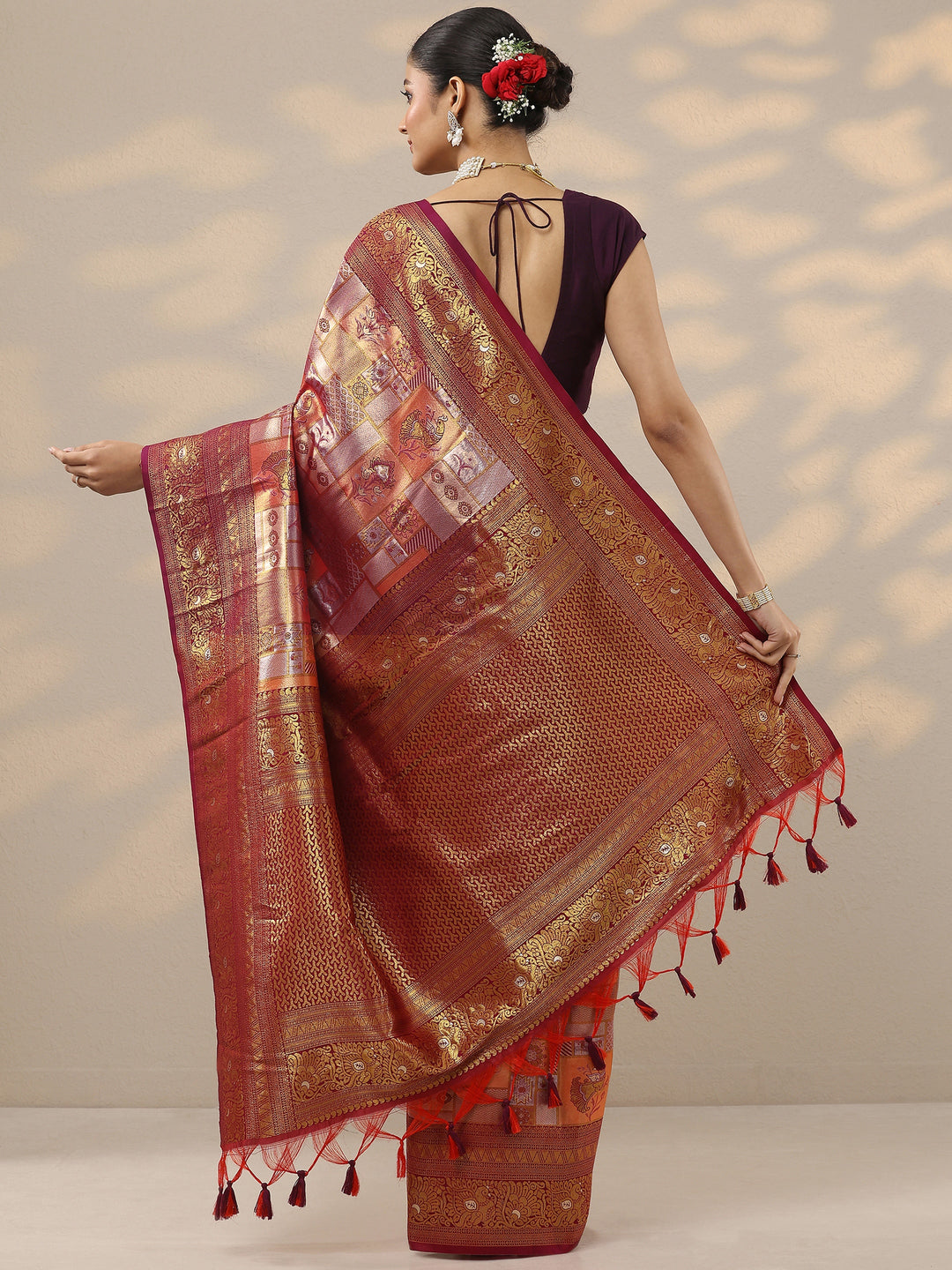 Orange Woven Design Silk Blend Saree With Unstitched Blouse Piece