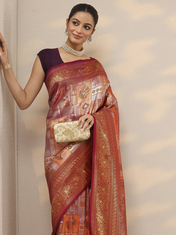 Orange Woven Design Silk Blend Saree With Unstitched Blouse Piece
