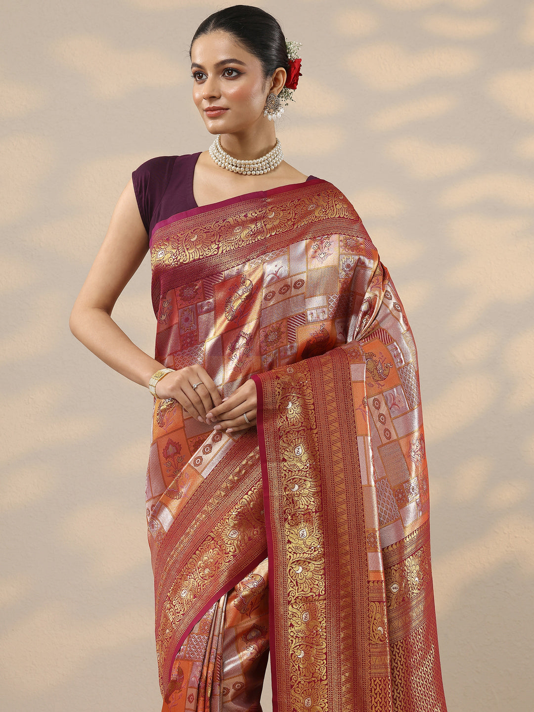 Orange Woven Design Silk Blend Saree With Unstitched Blouse Piece
