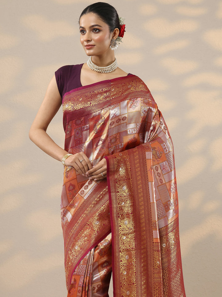 Orange Woven Design Silk Blend Saree With Unstitched Blouse Piece