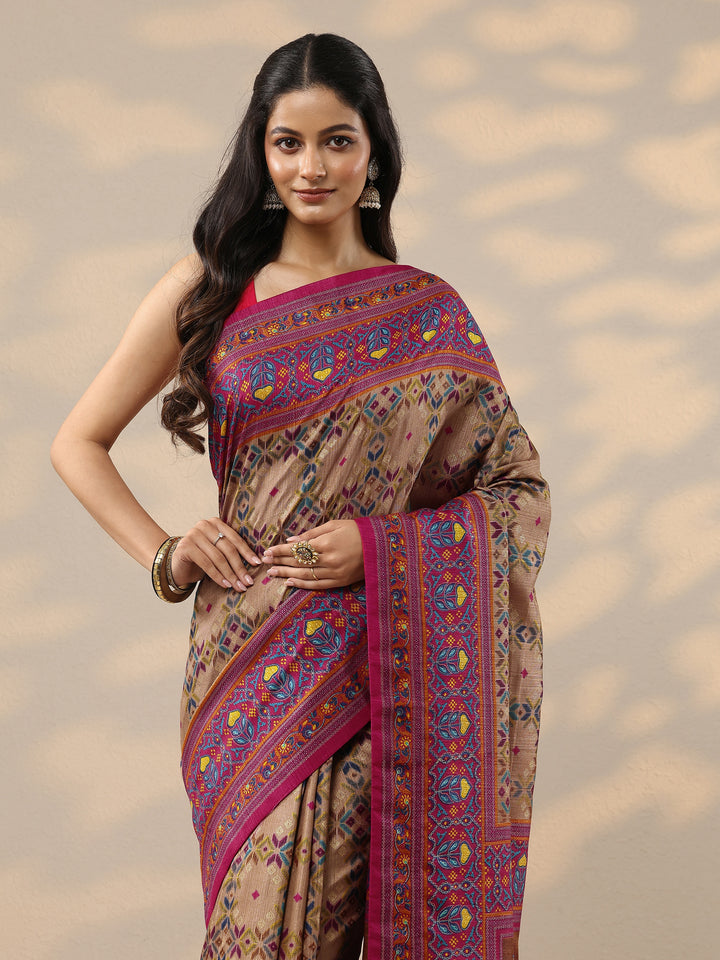 Gold Printed Silk Blend Saree With Unstitched Blouse Piece