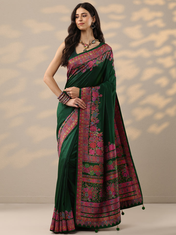 Green Solid Silk Blend Saree With Unstitched Blouse Piece