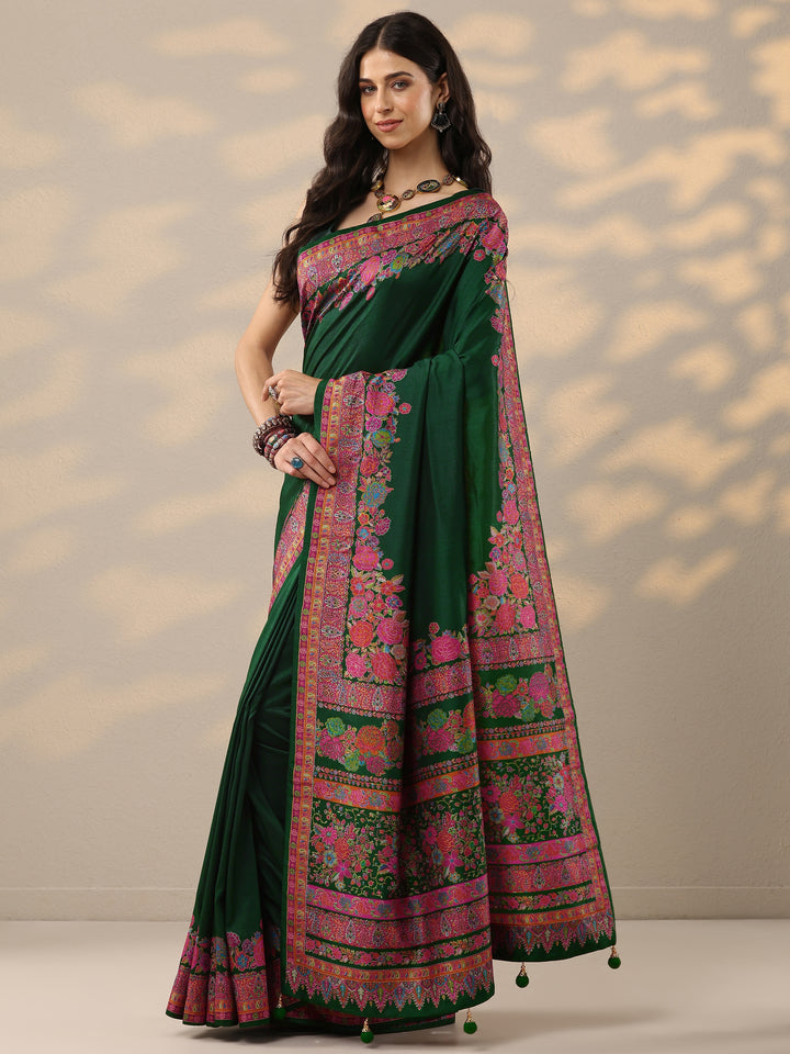 Green Solid Silk Blend Saree With Unstitched Blouse Piece