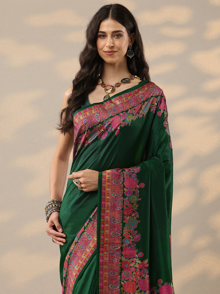 Green Solid Silk Blend Saree With Unstitched Blouse Piece