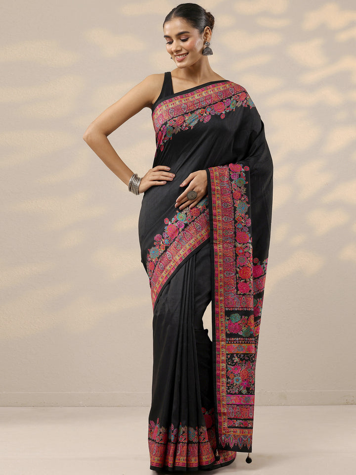 Black Solid Silk Blend Saree With Unstitched Blouse Piece