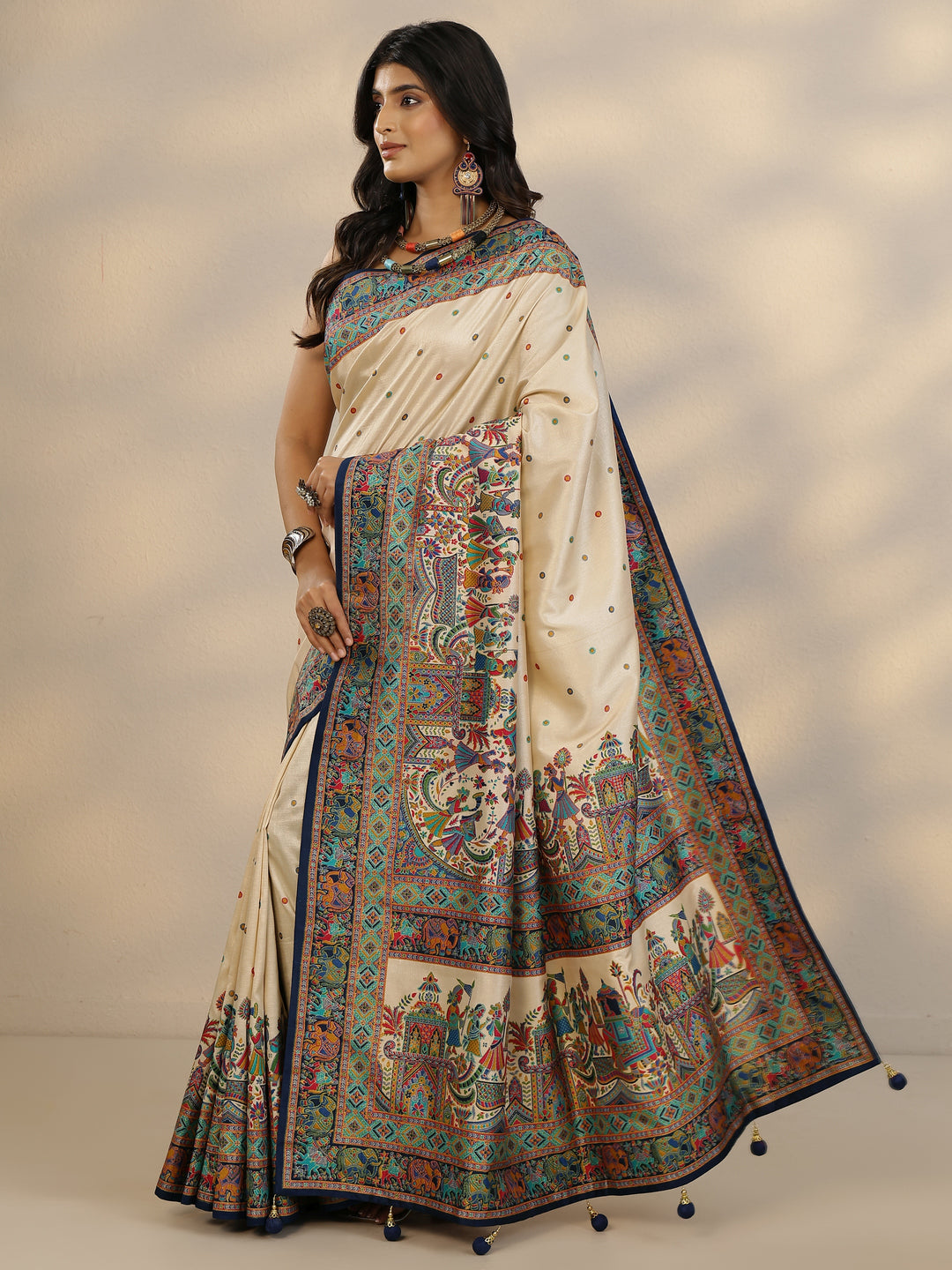 Beige Woven Design Silk Blend Saree With Unstitched Blouse Piece