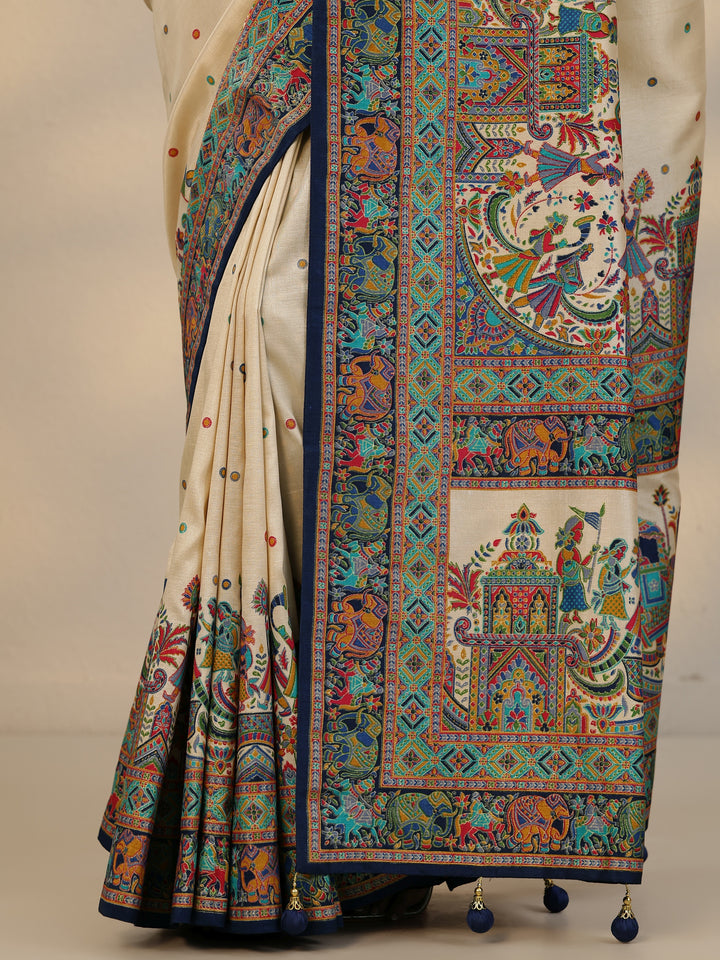 Beige Woven Design Silk Blend Saree With Unstitched Blouse Piece