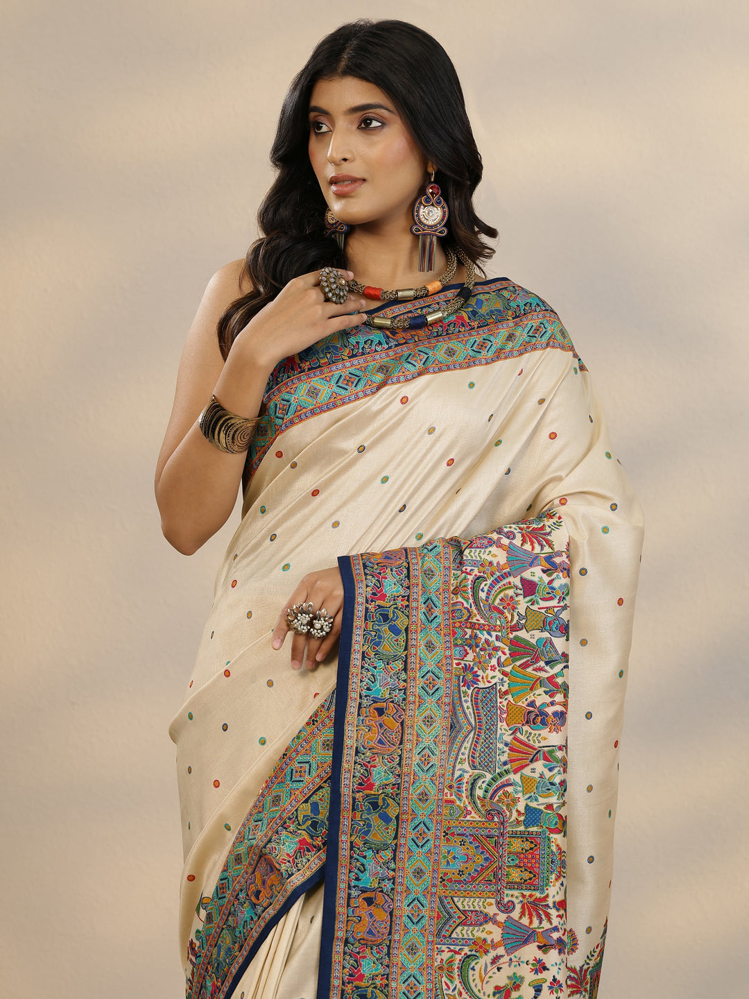 Beige Woven Design Silk Blend Saree With Unstitched Blouse Piece