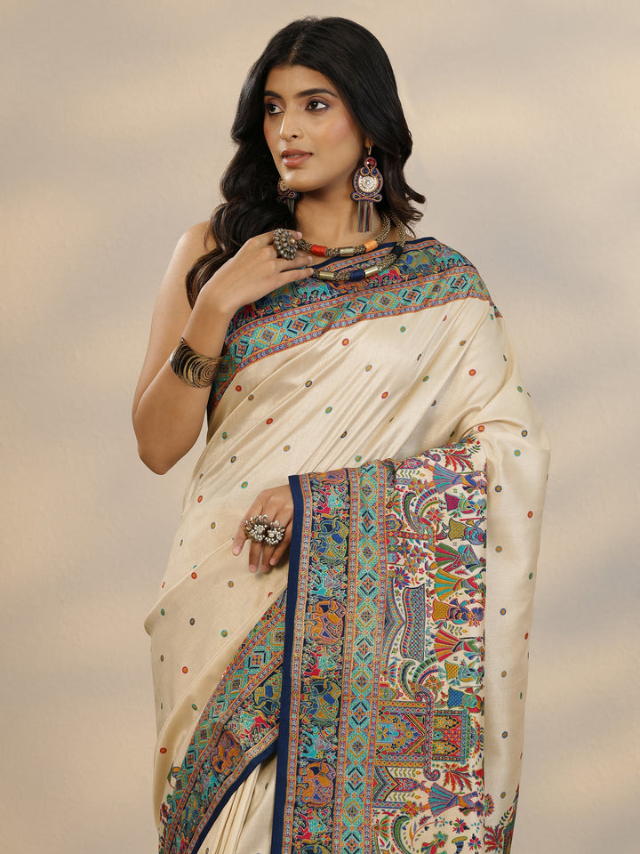 Beige Woven Design Silk Blend Saree With Unstitched Blouse Piece