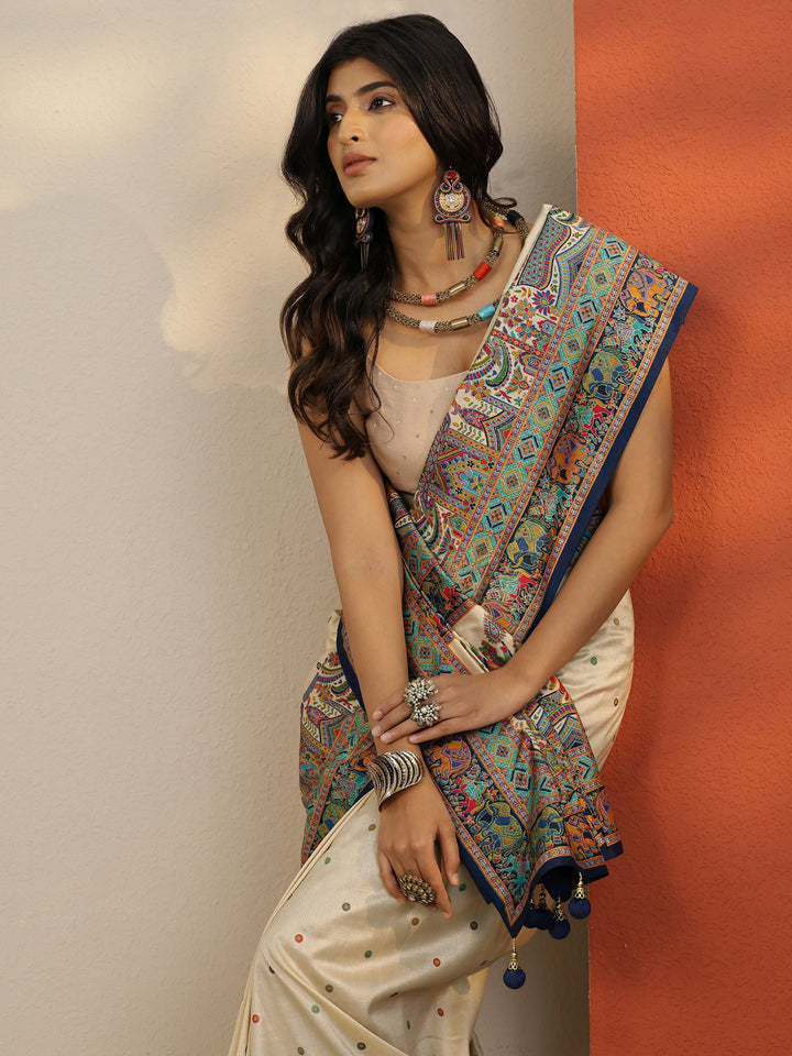 Beige Woven Design Silk Blend Saree With Unstitched Blouse Piece