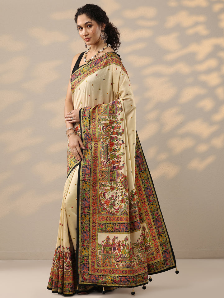 Beige Printed Silk Blend Saree With Unstitched Blouse Piece