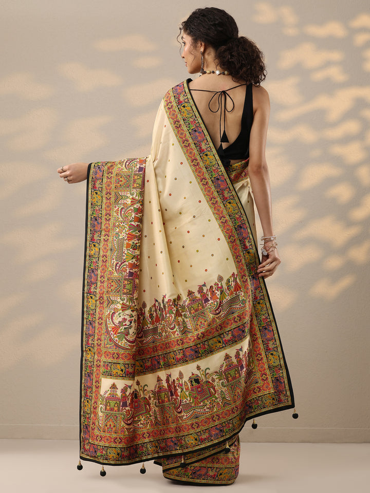 Beige Printed Silk Blend Saree With Unstitched Blouse Piece