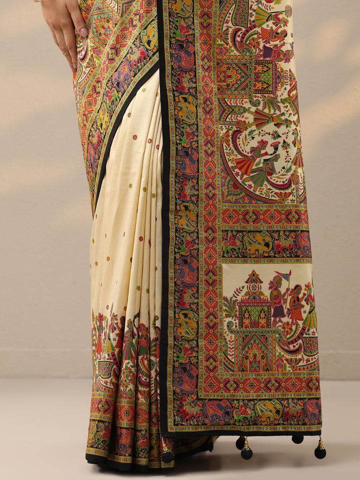 Beige Printed Silk Blend Saree With Unstitched Blouse Piece