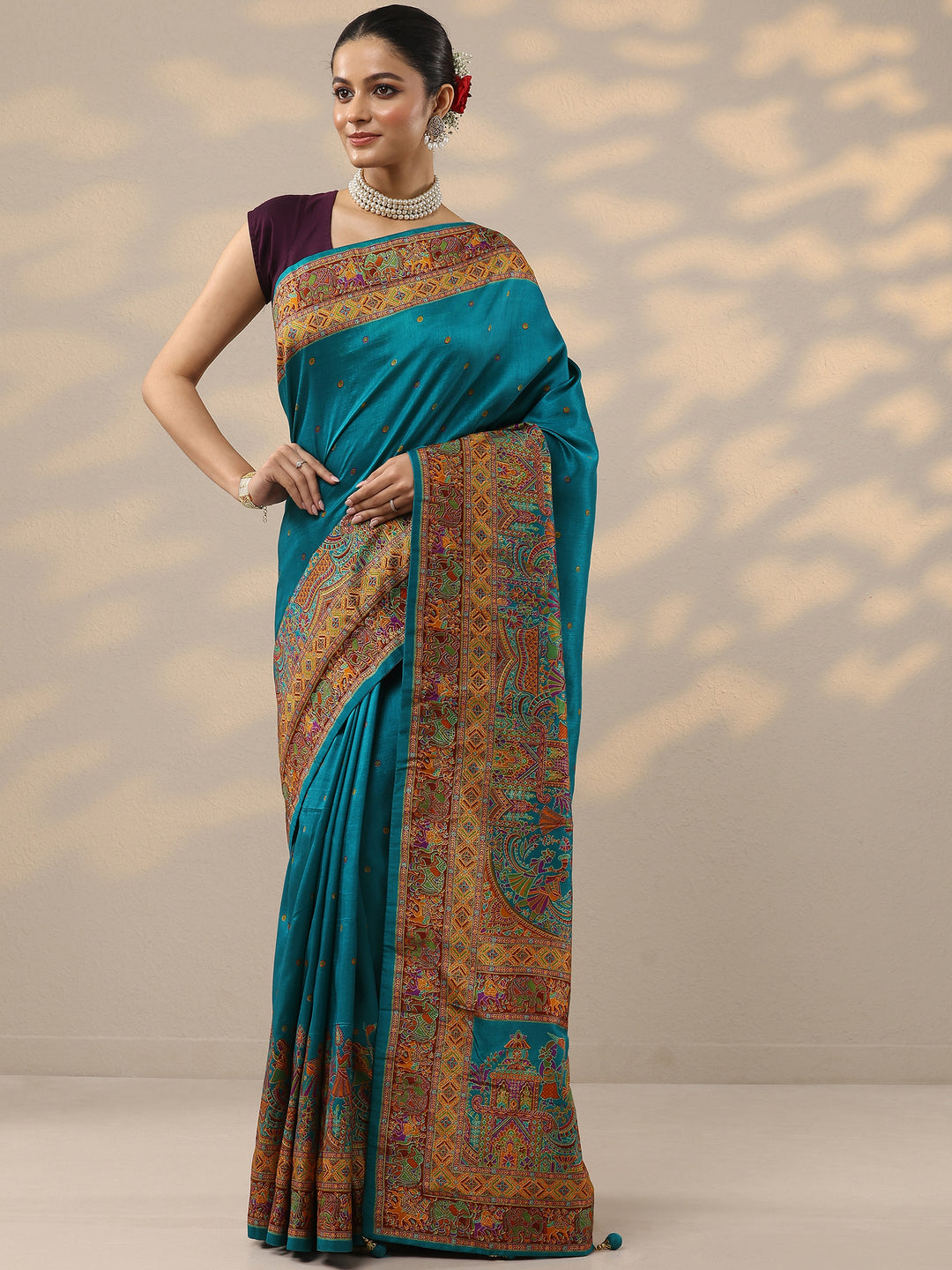 Teal Printed Silk Blend Saree With Unstitched Blouse Piece