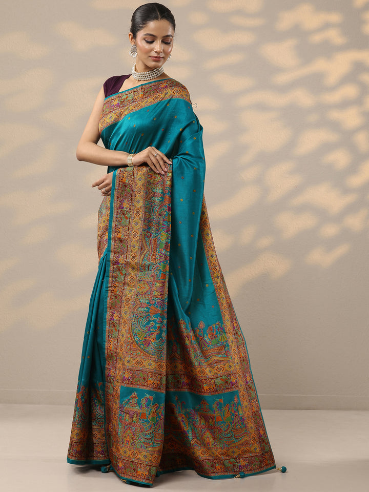 Teal Printed Silk Blend Saree With Unstitched Blouse Piece