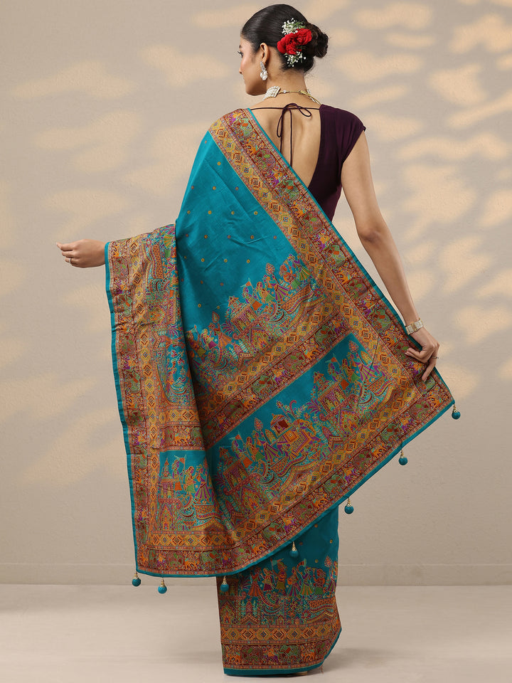 Teal Printed Silk Blend Saree With Unstitched Blouse Piece