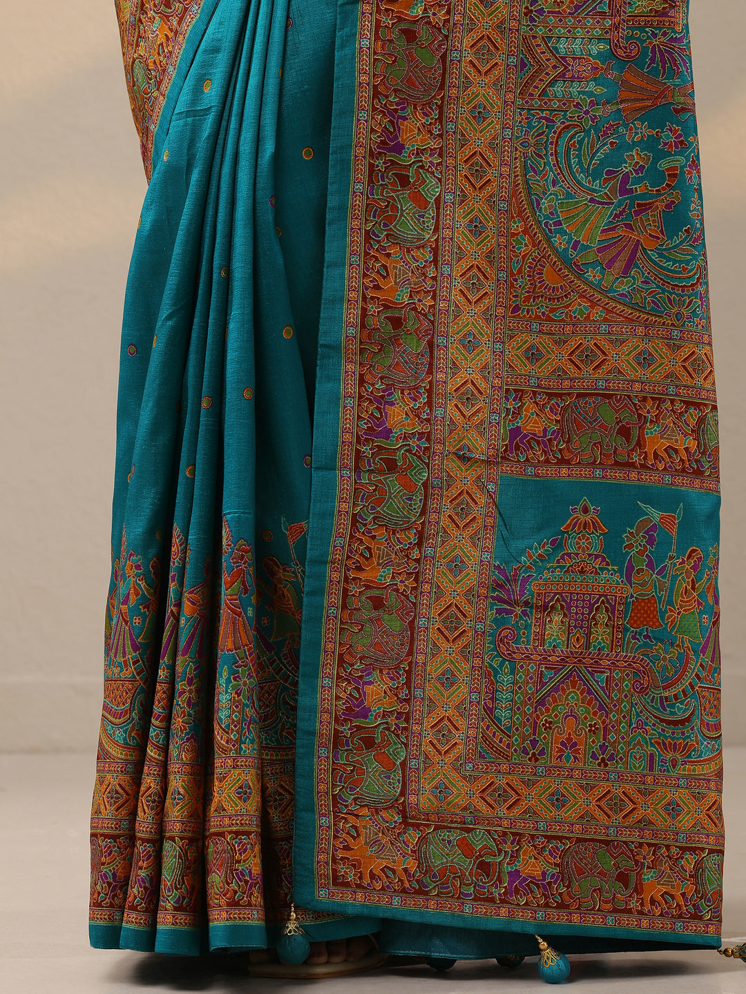 Teal Printed Silk Blend Saree With Unstitched Blouse Piece