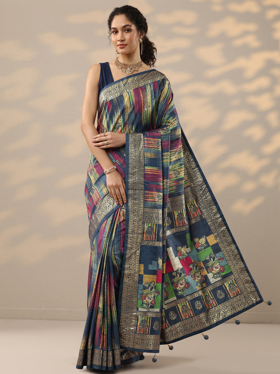 Blue Woven Design Silk Blend Saree With Unstitched Blouse Piece