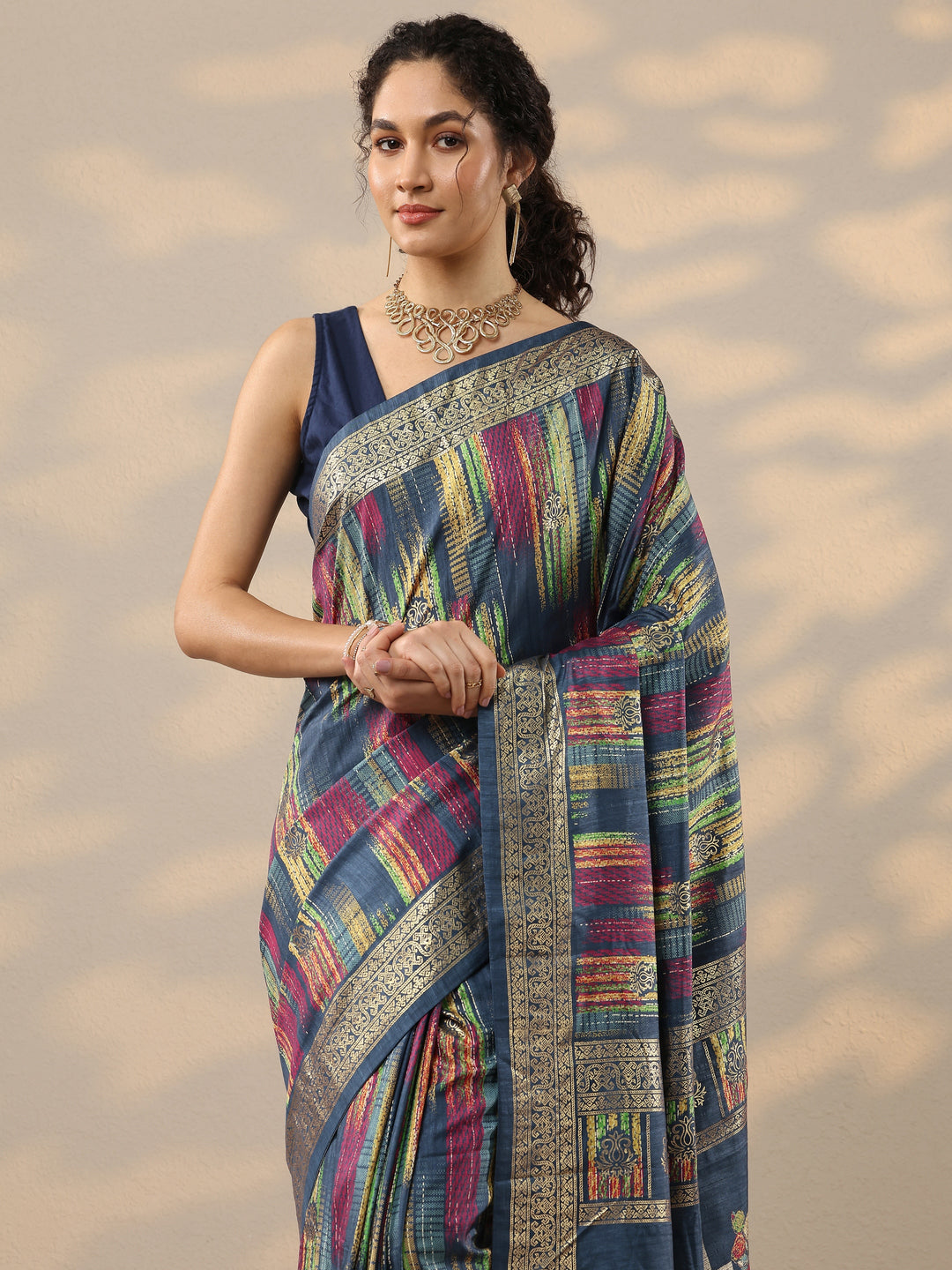 Blue Woven Design Silk Blend Saree With Unstitched Blouse Piece