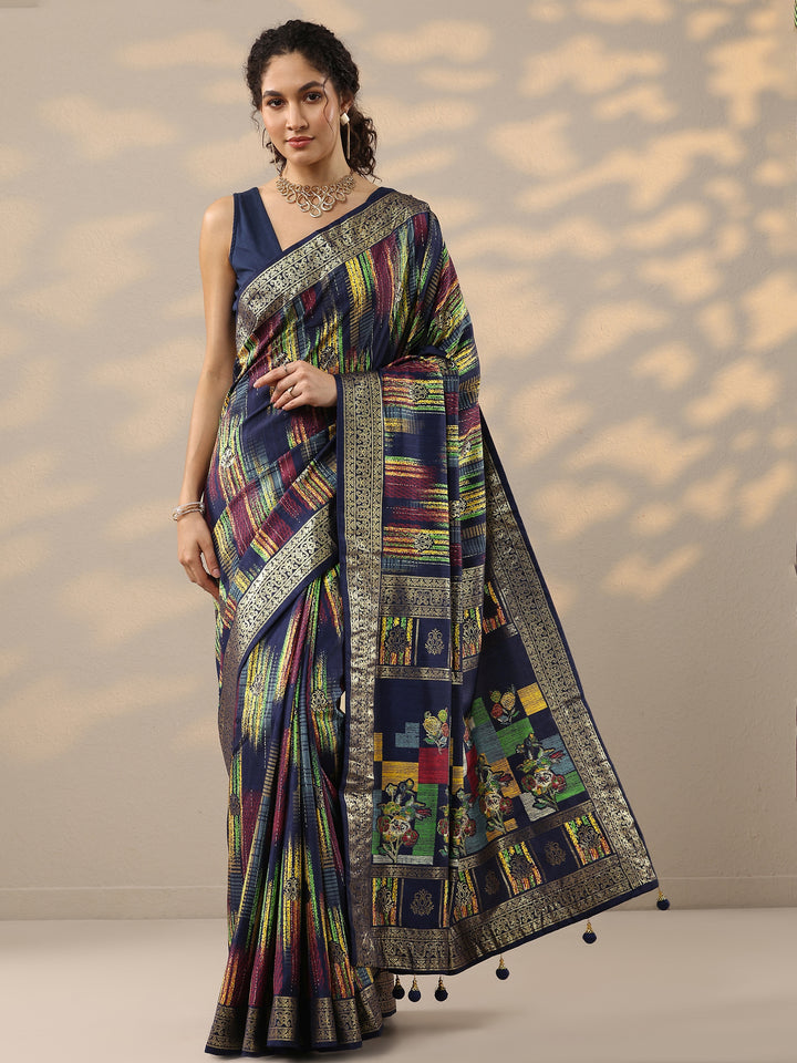 Navy Blue Woven Design Silk Blend Saree With Unstitched Blouse Piece