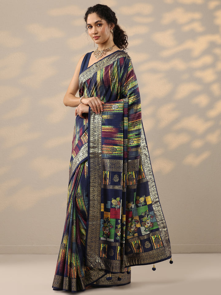Navy Blue Woven Design Silk Blend Saree With Unstitched Blouse Piece