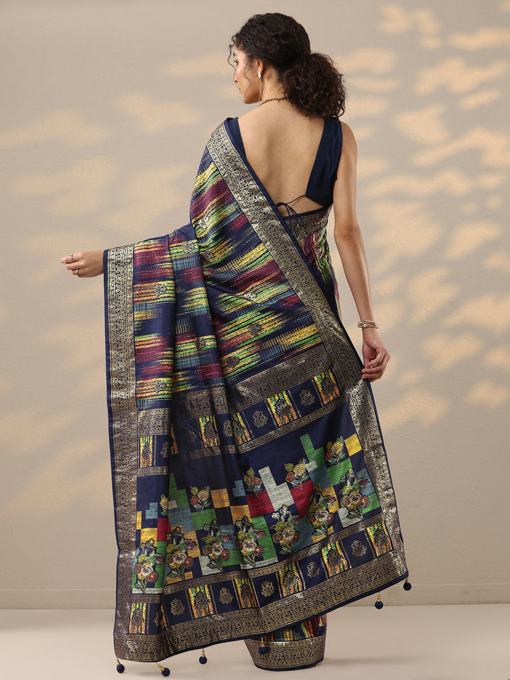 Navy Blue Woven Design Silk Blend Saree With Unstitched Blouse Piece