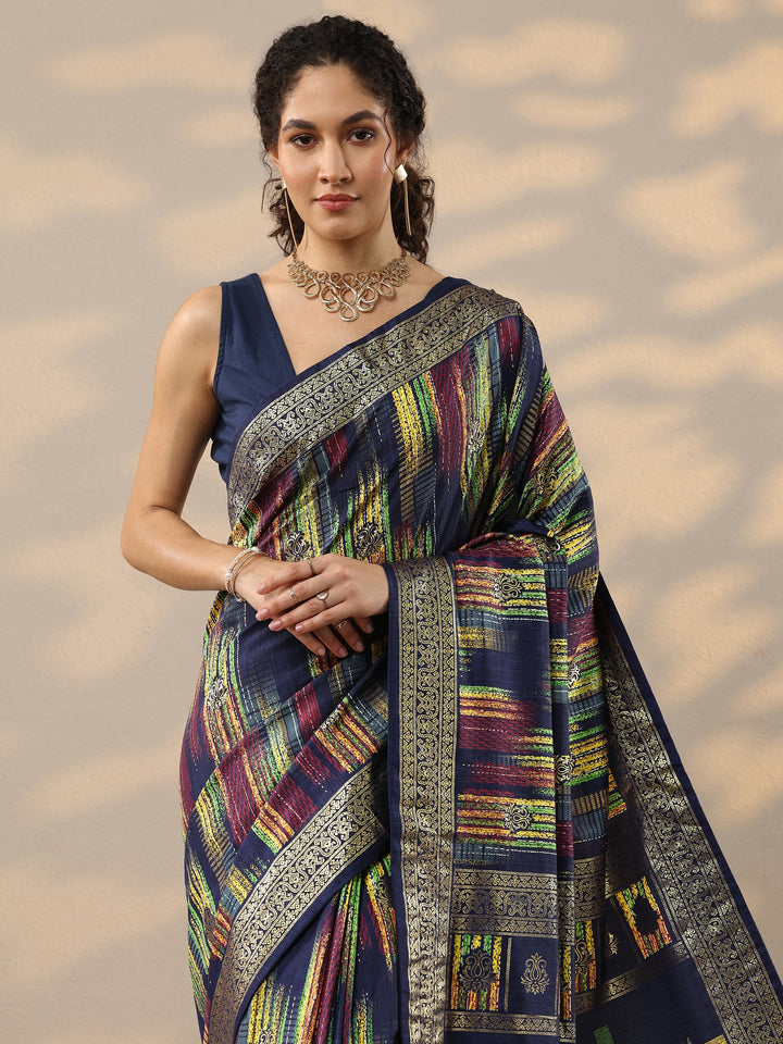 Navy Blue Woven Design Silk Blend Saree With Unstitched Blouse Piece